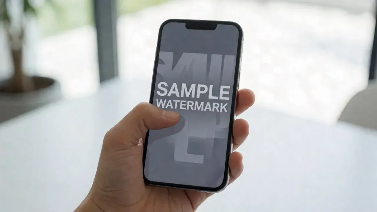 Телефон в руке с надписью Sample Watermark на экране